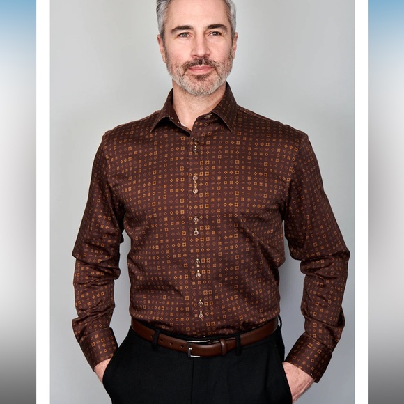 Steven Land Other - Steven Land Motif Pattern Button Up Dress Shirt Brown Men’s 18 34 / 35 XL